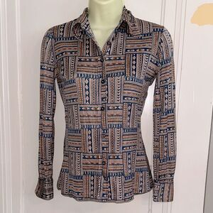 Vintage 60s/70s Organically Grown Blue, Tan &‎ Brown Knit Polyester Shirt